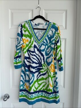 Blue & Green Floral V-Neck Knit Dress